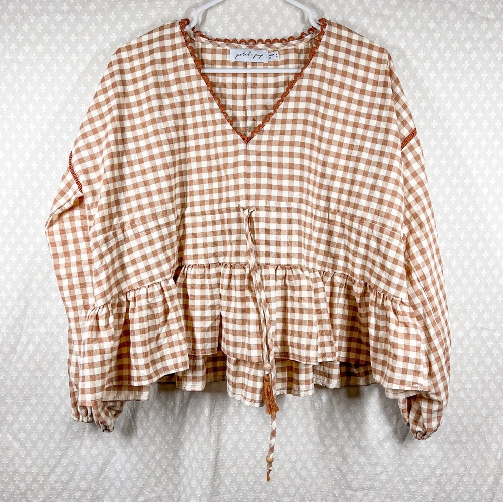 Petal + Pup Brown White Gingham Check Tie Waist Ruffle Sleeve Top